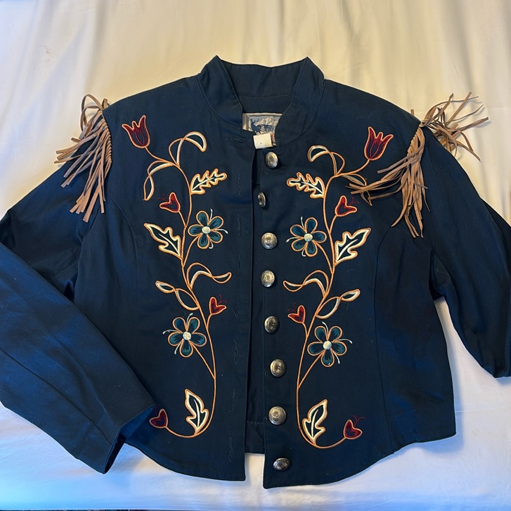 Navy Embroidered Blazer w/Fringe Shoulders